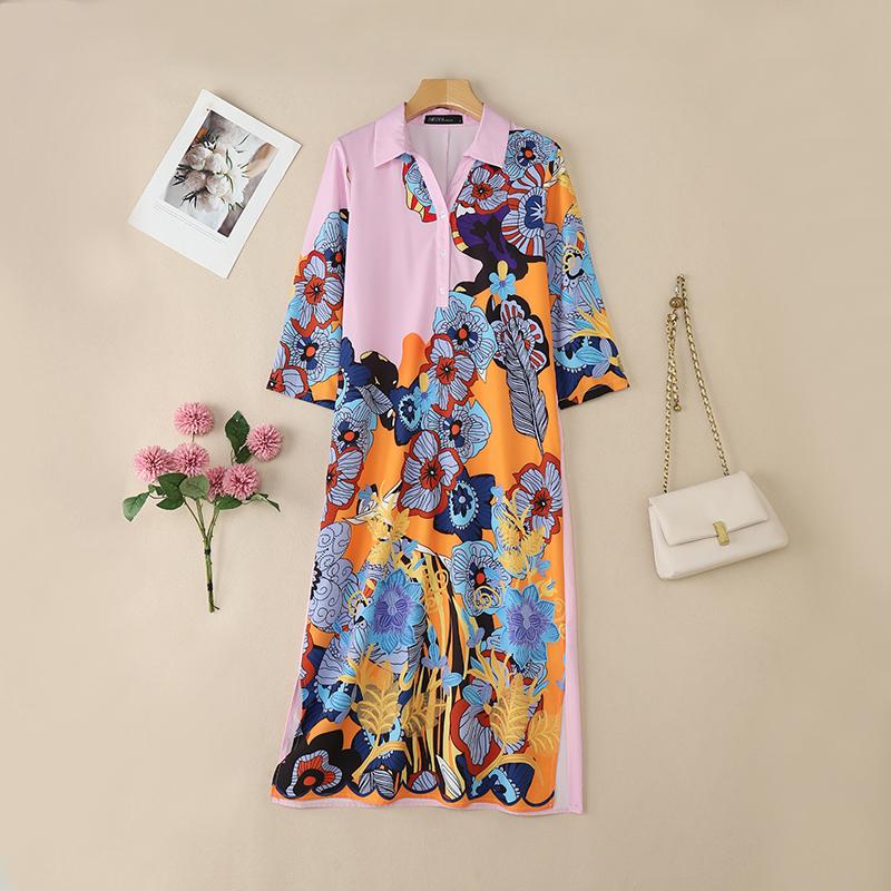 ZANZEA Women Turn Down Collar Loose Casual 3/4 Sleeve Print Long Dress