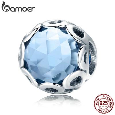 BAMOER New Arrival 925 Silver Infinity Blue Crystal CZ Round Beads Fit Charm Bracelets Necklaces Jewelry Making SCC755