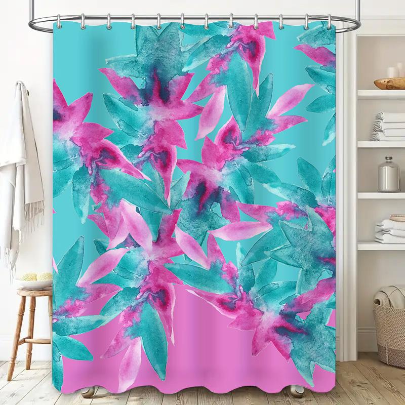 Watercolor Floral Print Shower Curtain Set Waterproof Fabric with Hooks Pink Blue Colorful Bath Decor Perfect Gift for Her Size: