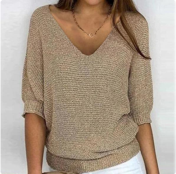 2026 Women's Solid Color Round Neck Knitwear Three-Quarter Sleeve Top