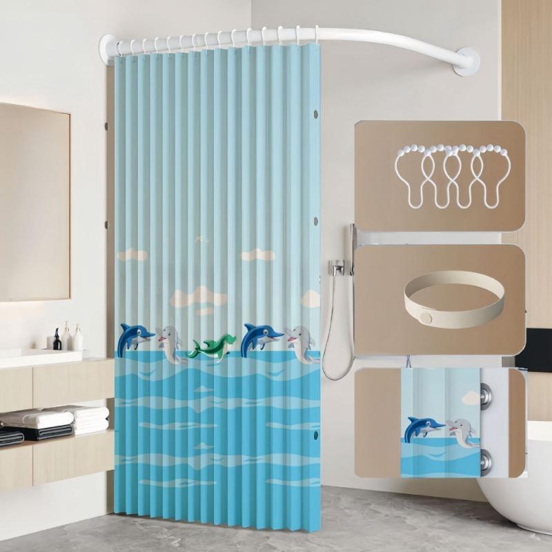 Curved Shower Curtain Folding Invisible Set Perforation-free Bathroom L-shaped Waterproof Curtain Shower Partition Curtain