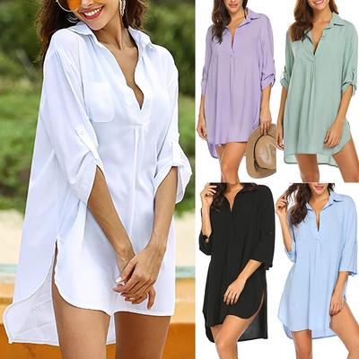 Camisa de Proteção Solar de Cor Sólida com Decote em V Profundo e Saída de Praia Mori Kei Feminina
