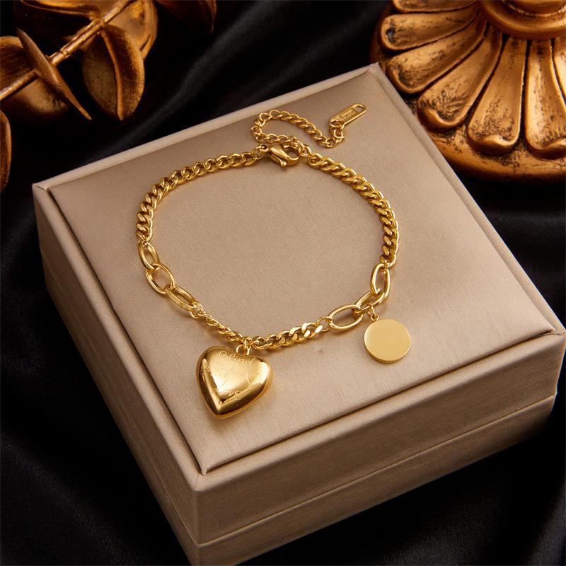 Gold Plated Stainless Steel Double Layer Heart Charm Bracelet