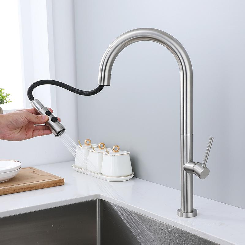 Nickel 304 Stainless Steel Kitchen Sink Faucet Pull-out Cold And Hot Mixed Water Kitchen Faucet Household Sink Tap