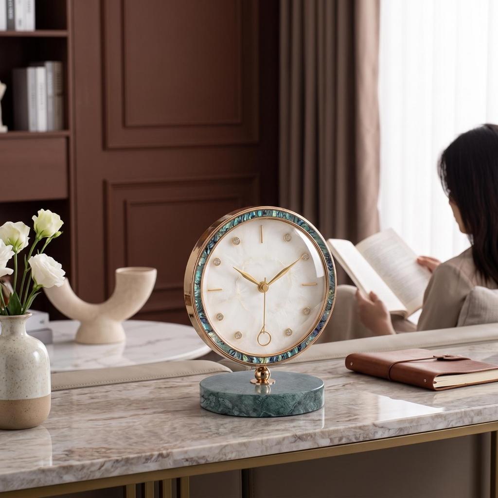 Clock with Marble Base Golden-Hued Decorative Desktop Marbled for Bedroom