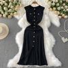 Summer Women O-neck Sleeveless Single Breasted Knitted Mid-calf Slim Tank Sweater Dresses