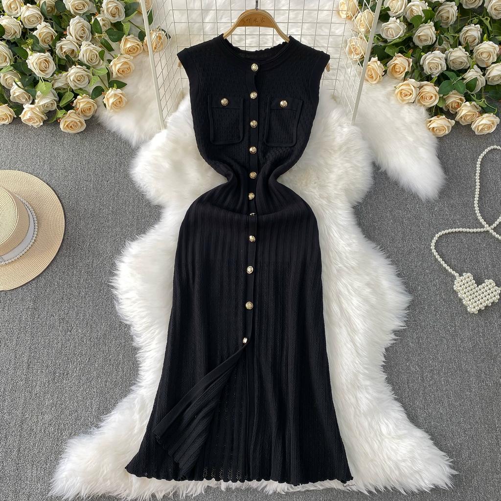 Summer Women O-neck Sleeveless Single Breasted Knitted Mid-calf Slim Tank Sweater Dresses