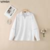 VONDA Women Casual Lapel Neck Crochet Lace Splice Long Sleeve Blouse Shirts