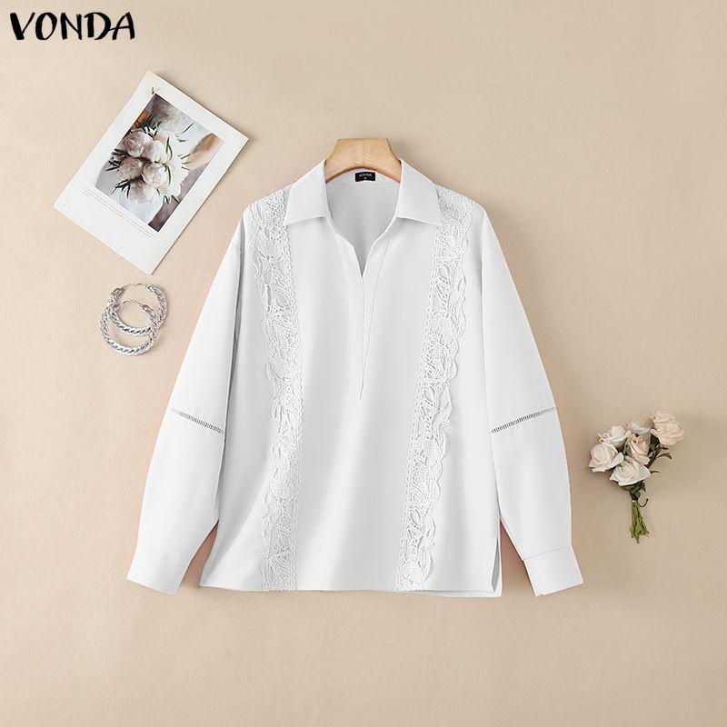 VONDA Women Casual Lapel Neck Crochet Lace Splice Long Sleeve Blouse Shirts