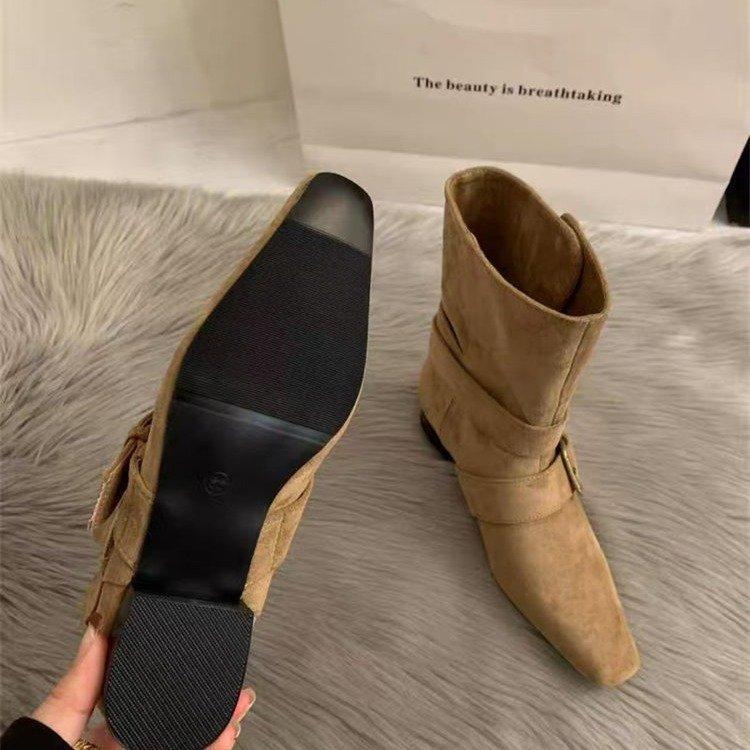 2025 autumn new niche design retro French short boots small square head western boots suede medium boots women's boots