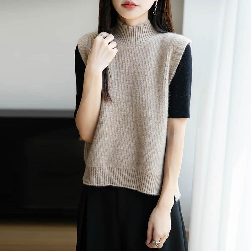 Women's 100% Pure Wool Sleeveless Knit Vest Shawl - Warm Autumn/Winter Layering Pullover with Half-High Collar