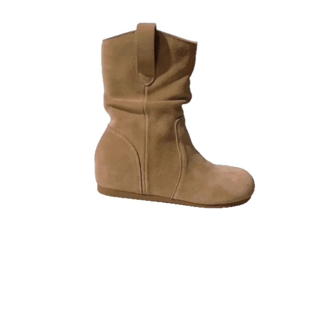 Internet celebrity heap boots 2025 new round head versatile flat bottom western cowboy boots matte leather short boots women's spring and autumn