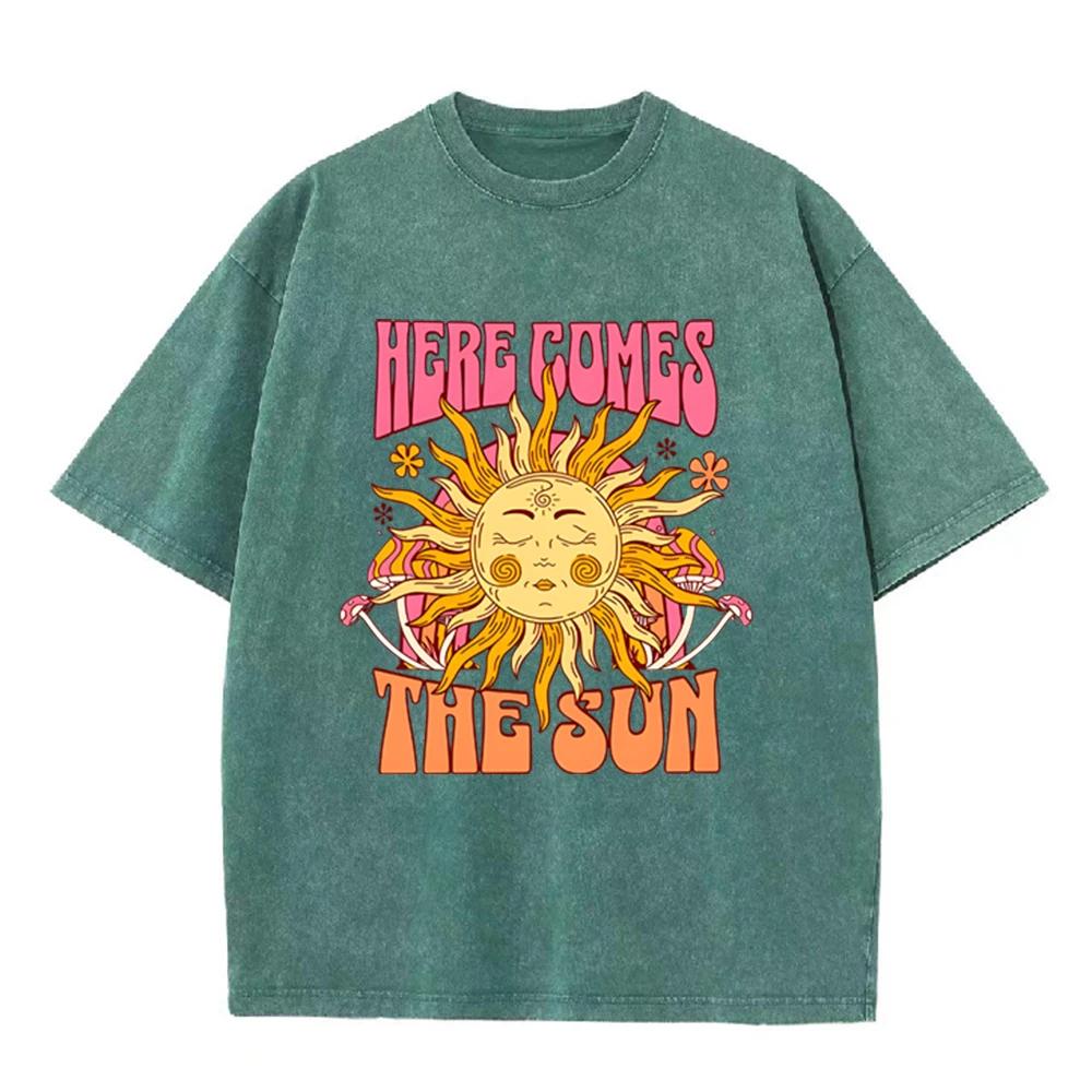 2026 Women Oversized Washed Cotton T Shirt Here Comes The Sun Print O Neck Short Sleeve Loose Casual Streetwear Summer Tops