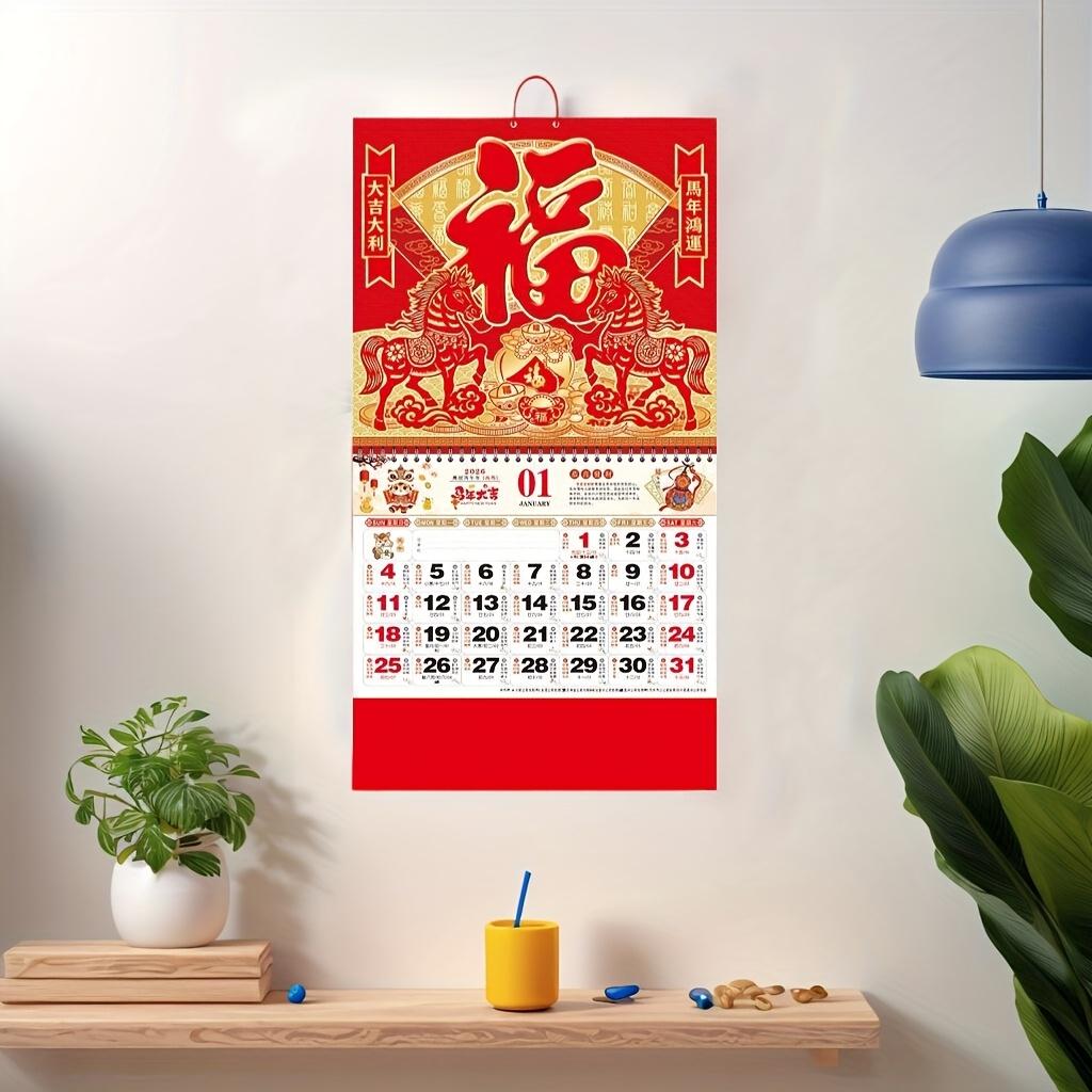 2026 Jahr des Pferdes Wandkalender Chinesischer Mondkalender Abreiß-Tageskalender Hängender Glücksbringer Heim-Büro-Dekor