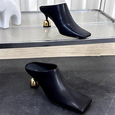 New Heel Square Toe Slip-On Mules Shoes For Women Genuine Leather Retro Commuter Closed Toe Backless High Wine Glass Heels