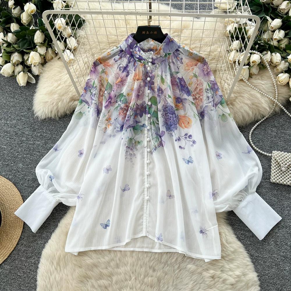 Summer Autumn New Arrival Flower Print Two Piece Pants Sets Women's Lantern Sleeve Blouse Tops and High-Waisted Wide-Leg Shorts Sets