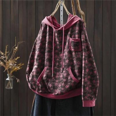 Maglioni da Donna Vintage con Stampa Floreale, con Cappuccio, Pullover, Tasche, Autunno, Casual, in Spugna, Manica Lunga, Maglioni da Donna