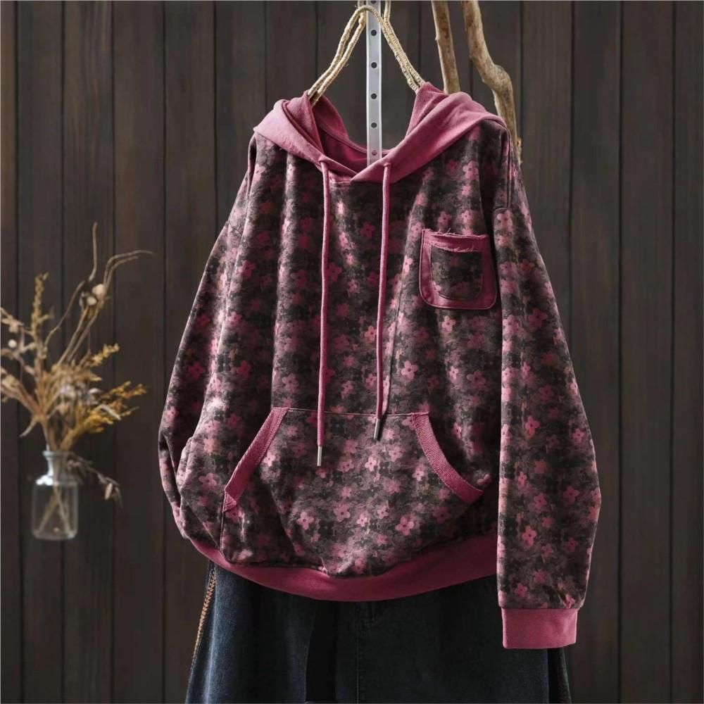 Johnature Women Vintage Print Floral Hooded Sweaters Pullover Pockets Autumn Casual Terry Long Sleeve Female Sweaters