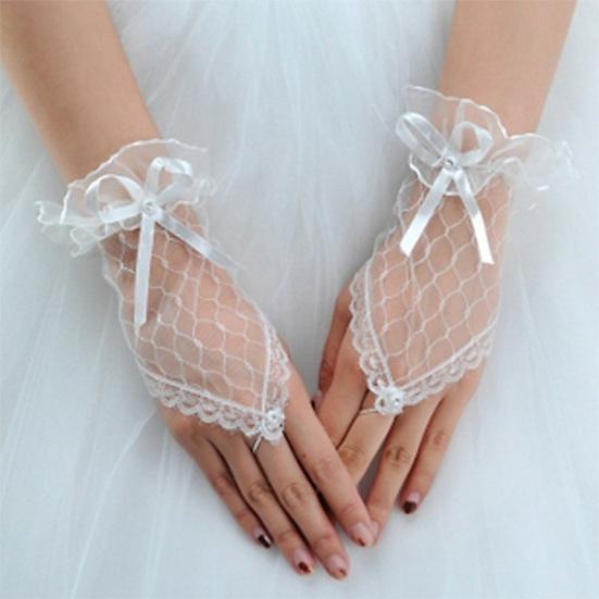 1 paio di guanti da sposa in pizzo senza dita trasparenti con fiocco, sottili guanti da sposa per feste, guanti corti morbidi vintage femminili