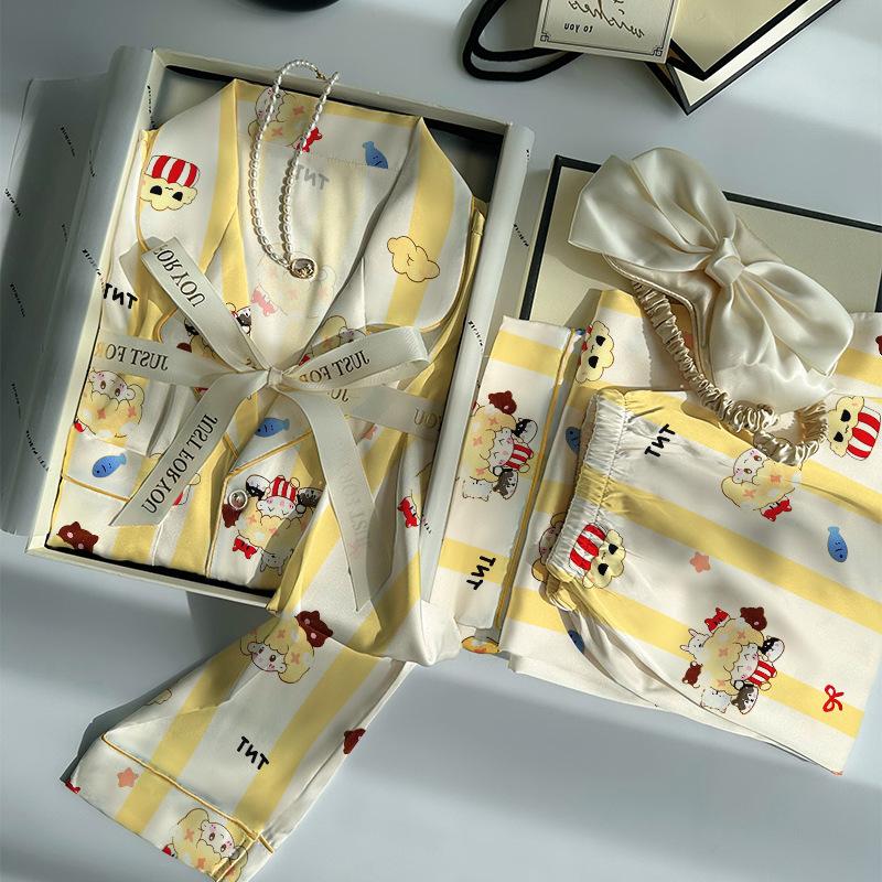 Ice silk pajamas women's striped rice burst baby autumn long-sleeved simple natural style silk loungewear two-piece set