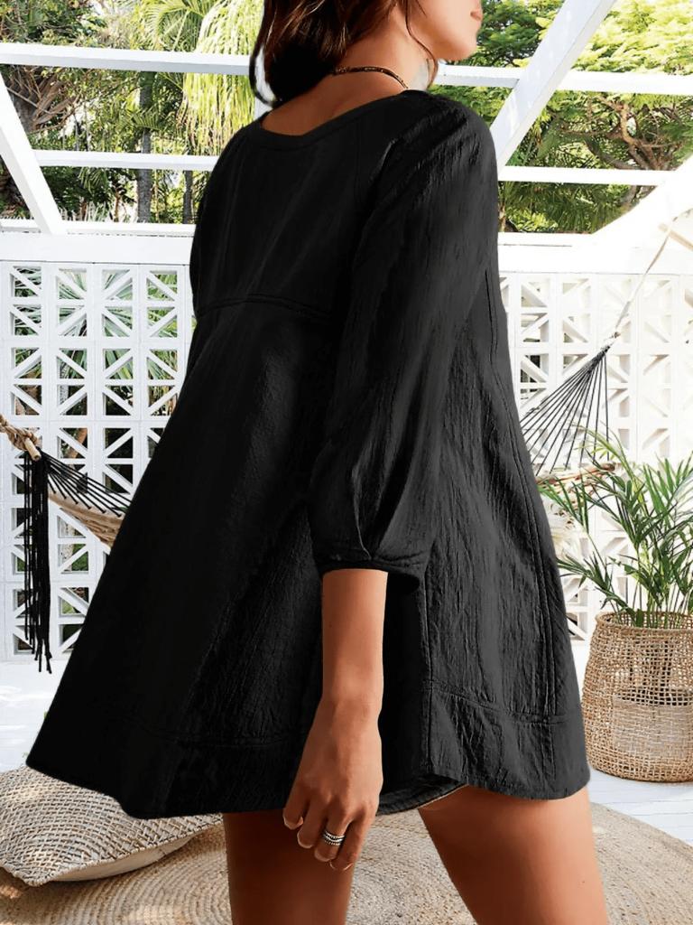 Damska Oversize'owa Bluzka Babydoll z Rękawem 3/4 Zwiewna Peplum Luźna Tunika Top