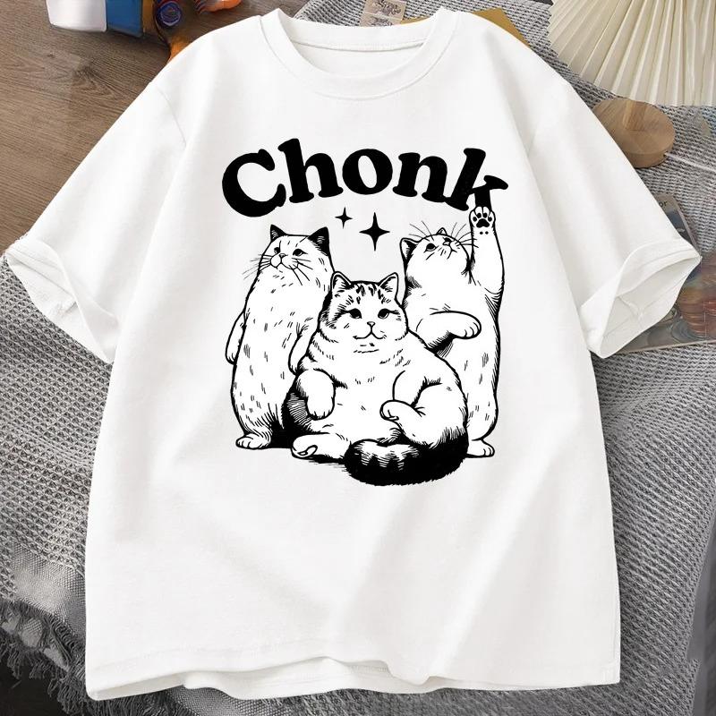 Ladies Casual Short Sleeved Tshirt with Cute Cartoon Cat Chonk Letter Print Fashionable Daily Ladies Tshirt