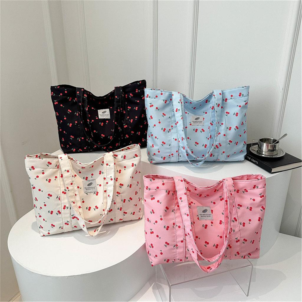 Cute Cherry Print Casual Tote Bags for Women Large Capacity Shopping Bag Nylon Aesthetic Handbag Grocery Storage Pouch