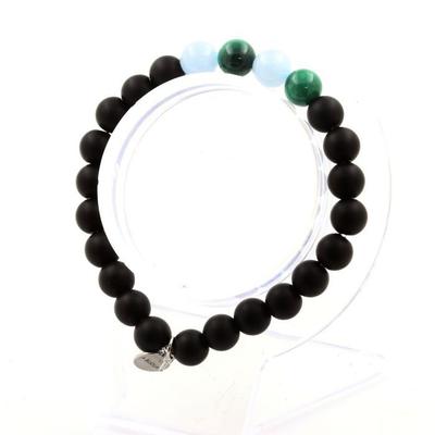 Stones and Minerals. Congo Malachite + Aquamarine + Matte Black Onyx 8 Pearl Bracelet Made In France.