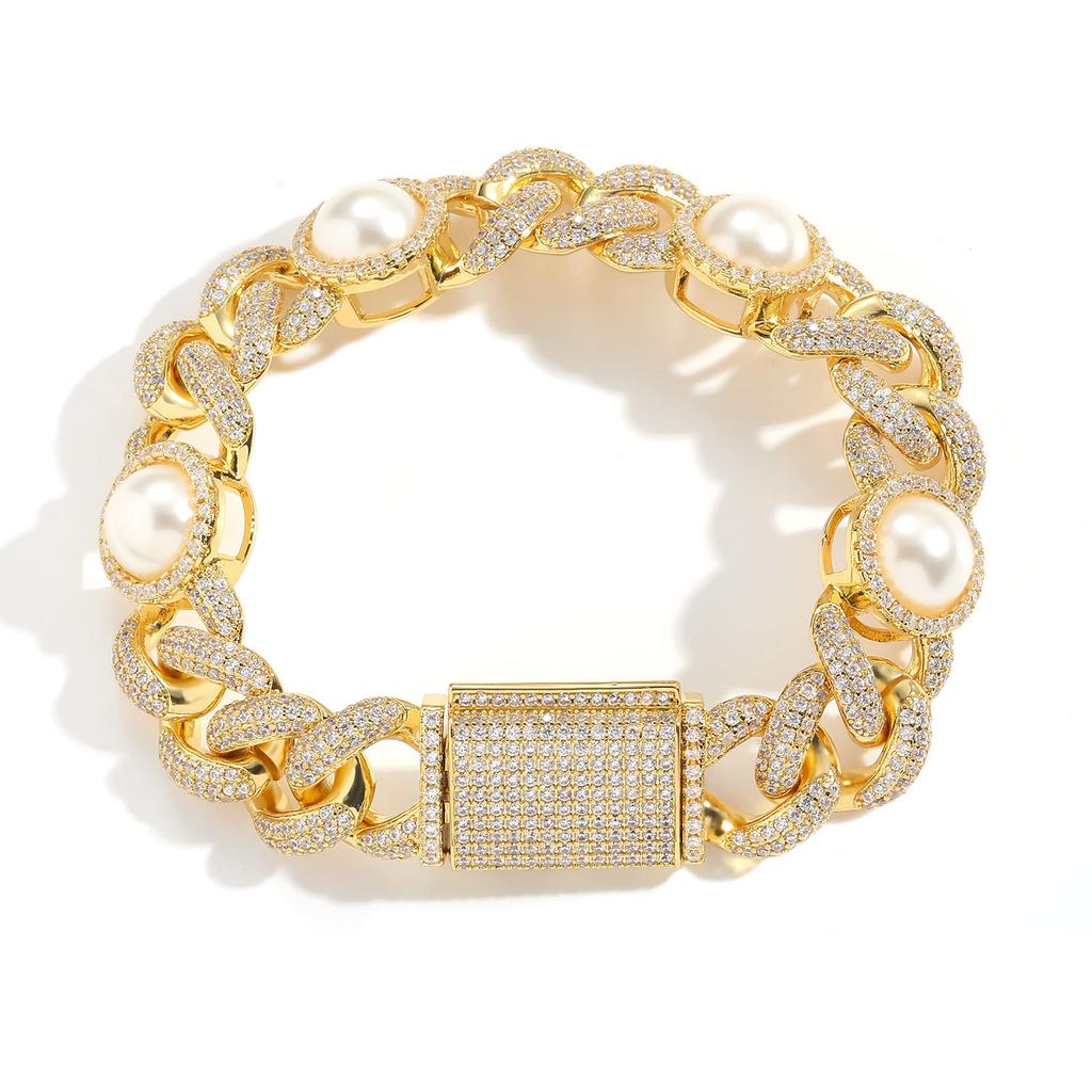 Personalized Hip Hop Jewelry Inlaid Pearl Cuban Chain Bracelet 15mm Bling CZ Iced Out Cuban Chain Pearl Bracelet