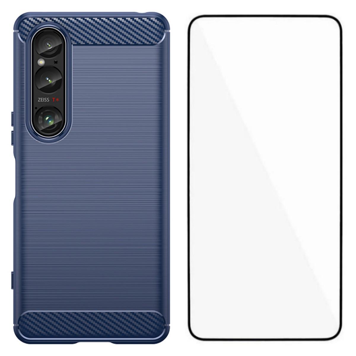 

For Sony Xperia 1 VI Case with Screen Film WANLONFENG LS Series Big Lens Hole Brushed Texture TPU Phone Cover Blue