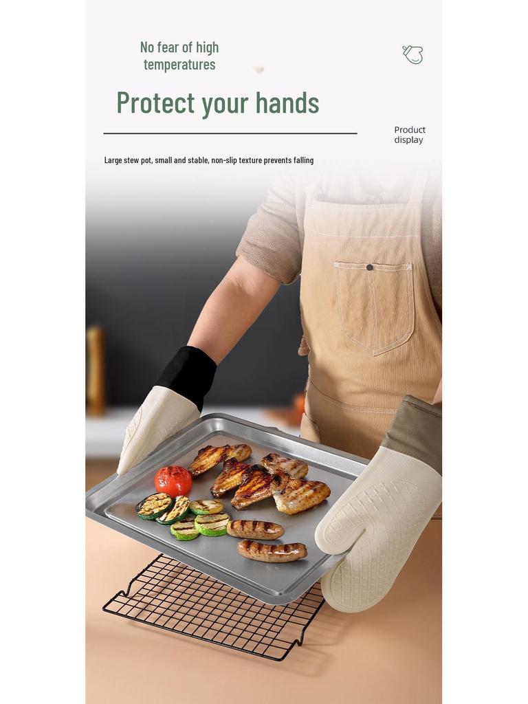 Silicone Heat-Resistant Anti-Slip Oven Gloves with Cotton Lining and Diamond Pattern