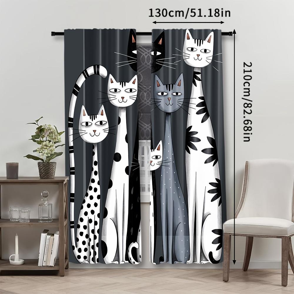 2Pc Cat Print Curtains - Lightweight  Rod Pocket Drapes With Plaid Background, Playful Black Cat Design For Modern Home Decor