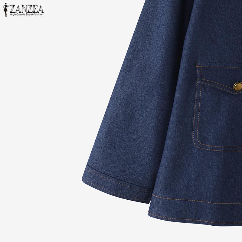 ZANZEA Women Casual Round Neck Long Sleeve Vintage Denim Blouse