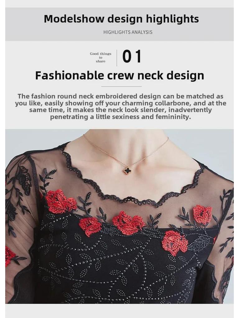 Korean Style Embroidered Long-Sleeve Gauze T-Shirt for Women