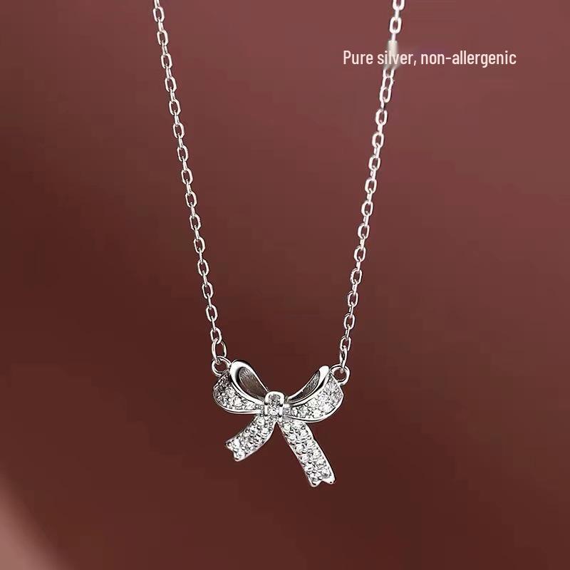 S925 Sterling Silver Bow Necklace - Elegant Women's Clavicle Chain Pendant for 2024
