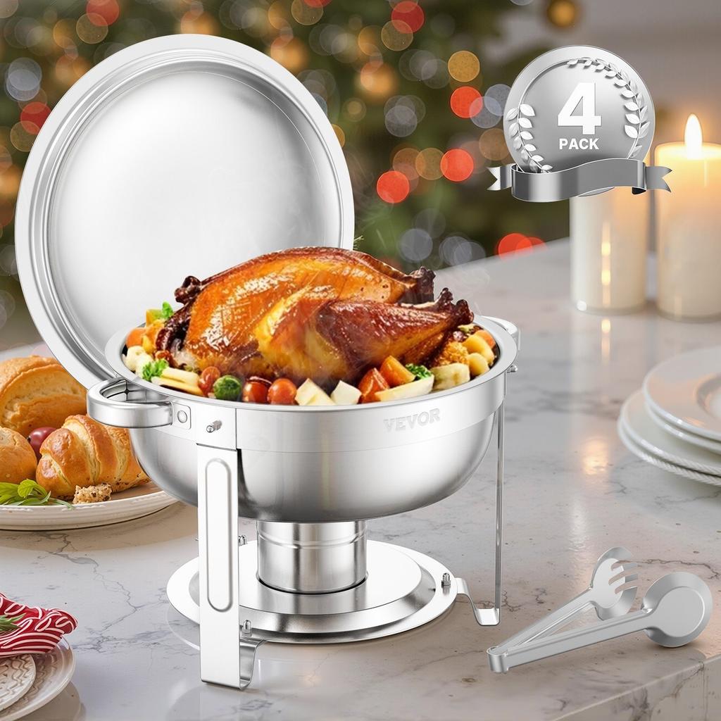 5 Qt 4 Pack Round Chafing Dish Buffet Set Full-Size Pan Stainless Steel