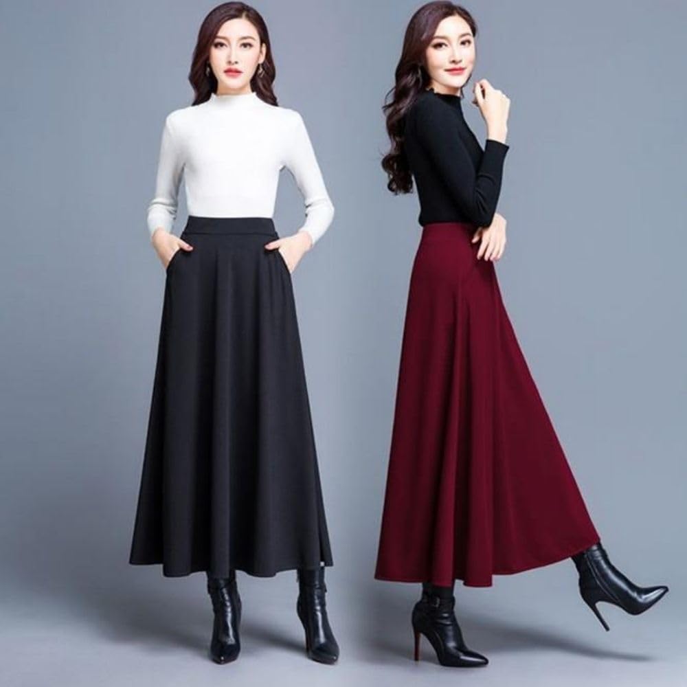 PLEAVIT Women's Long Skirt, Flared, High-Waisted, A-Line, Elastic Waist, Maxi Length, Elegant for Fall/Winter (L, Black)