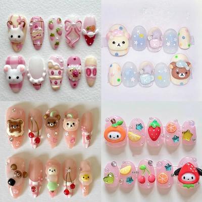 Cute Cartoon Bear Short Almond 3D Press On Nails Party Gift