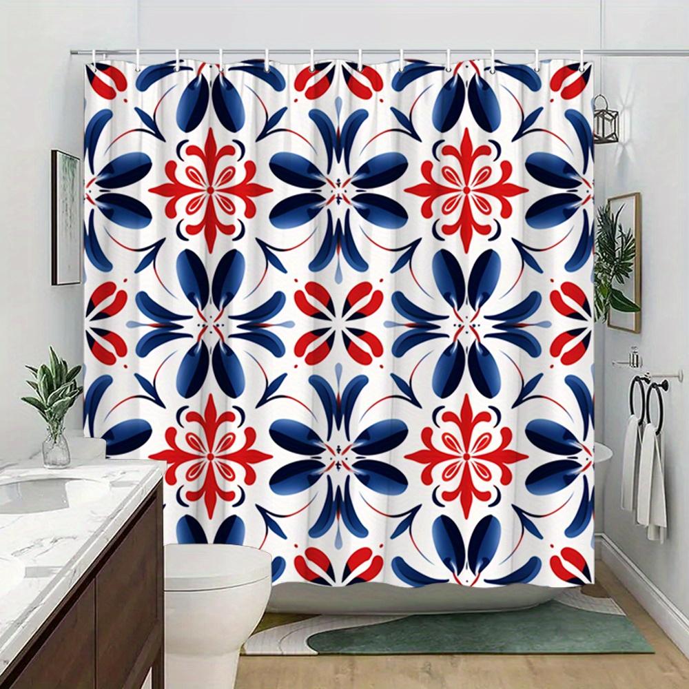 

Mexican Folk Art Shower Curtain Red Blue Symmetrical Flowers On White Traditional Tile-Inspired Pattern For Boho Bathroom Decor W60H190(CM)-1 Pcs