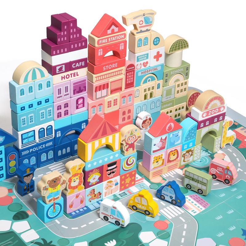 Children's Mini Castle Wooden Puzzle Blocks - City Street Scene Building Set