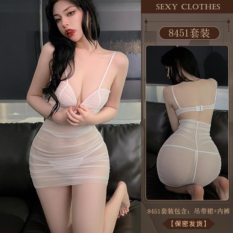 Erotic Underwear, sexy body-hugging skirt, Women's Hot Mesh see-through seductive nightdress, small chest uniform pajamas 8451