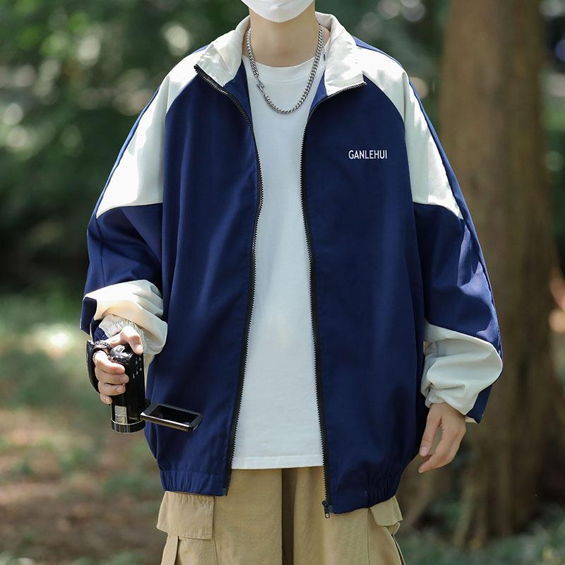 Color matching jacket men's spring Hong Kong style ins trendy brand loose casual Japanese stand-up collar sports trench coat jacket