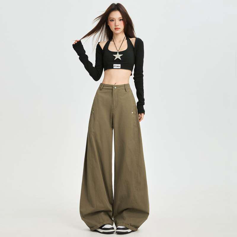 

Stylish Multi-Pocket Green & White Cargo Pants with Curved Leg; Versatile, Slimming & Casual Wide-Leg Design Double Extra Large