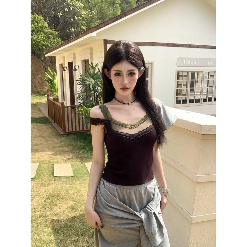 Women s Asymmetrical Lace Patchwork Sleeveless T-Shirt One Size