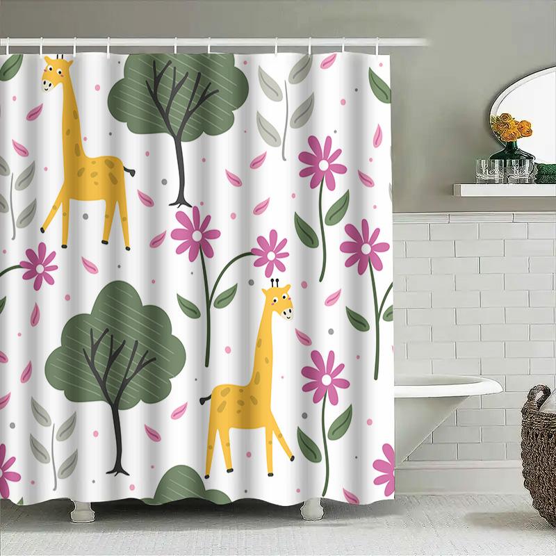 Vintage Style Cartoon Shower Curtain Cute Animal Pattern Decorative Bathrooms Waterproof Fabric Shower Panels For Kids Bathroom