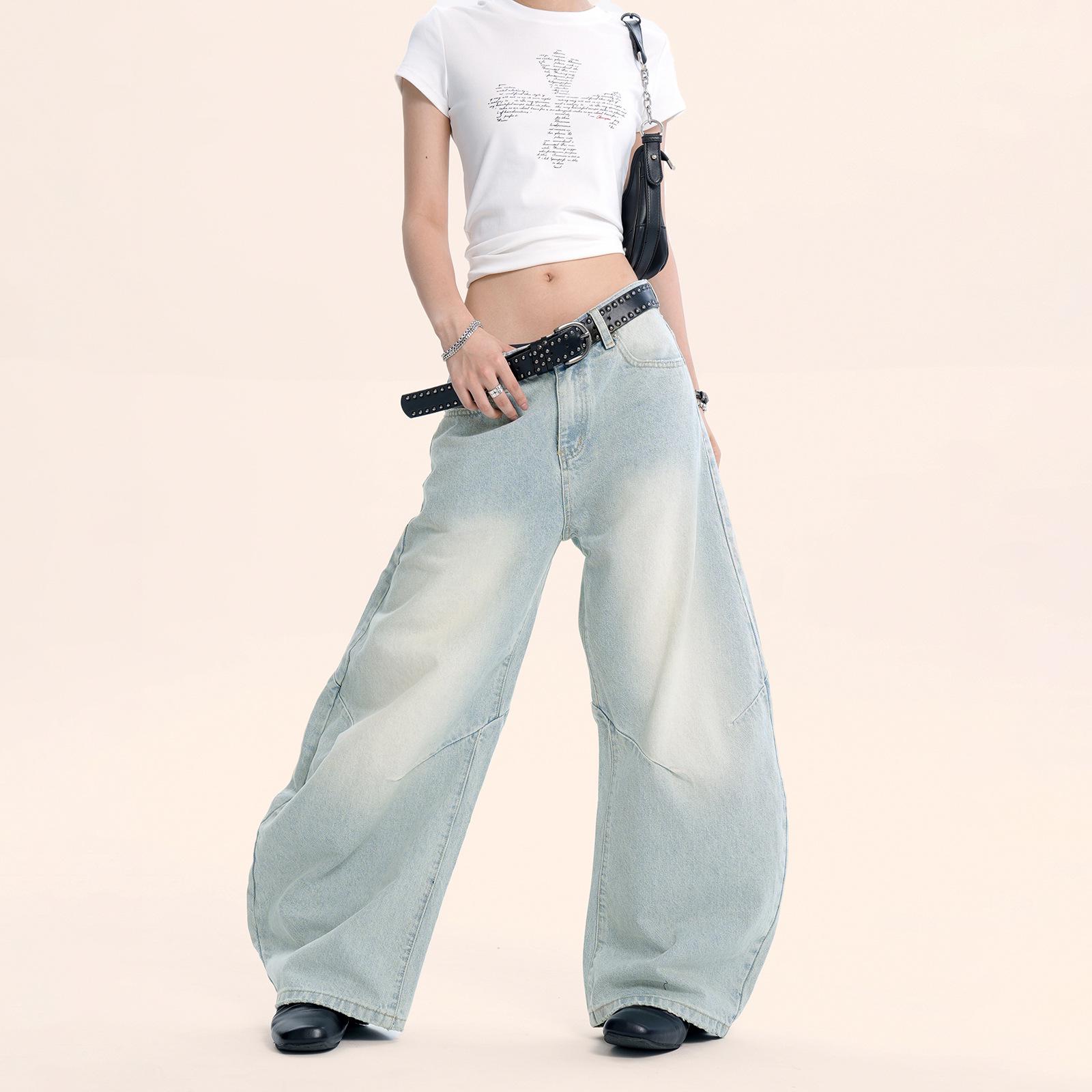 

Джинсы унисекс Yongfang ретро светло-голубые с изогнутыми штанинами - Модные широкие брюки свободного кроя Double Extra Large светло-синий