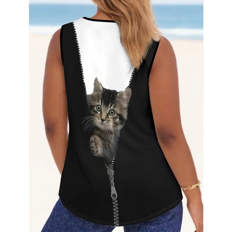 Women's Sleeveless Vest Creative Color Pattern Cat Printing Comfortable Soft Fashionable Versatile Summer Vest