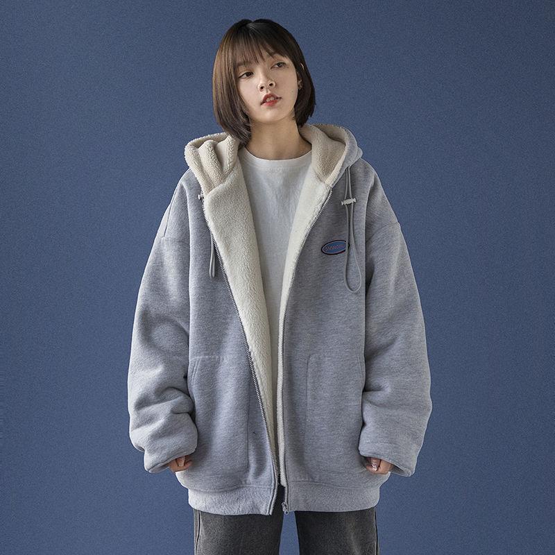 Lamb Wool Coat Women's Lazy Cardigan Sweatshirt Fleece Lined Thickened Loose Korean Style Chic Autumn Winter Hooded Top