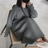 Hooded Solid Color Pit Strip Straight V-neck Sweater Skirt Autumn and Winter Casual Style Knitted Dress Women