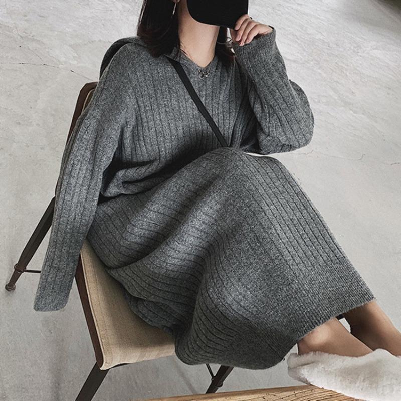 Hooded solid color pit strip straight V-neck sweater skirt autumn and winter casual style knitted dress women